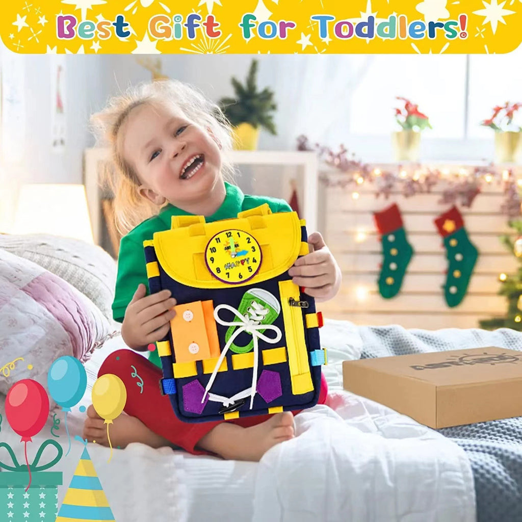 Sac à dos tableau d'activités pour tout-petits avec boucles et jouets d'éveil pour développer les compétences de base de la vie quotidienne