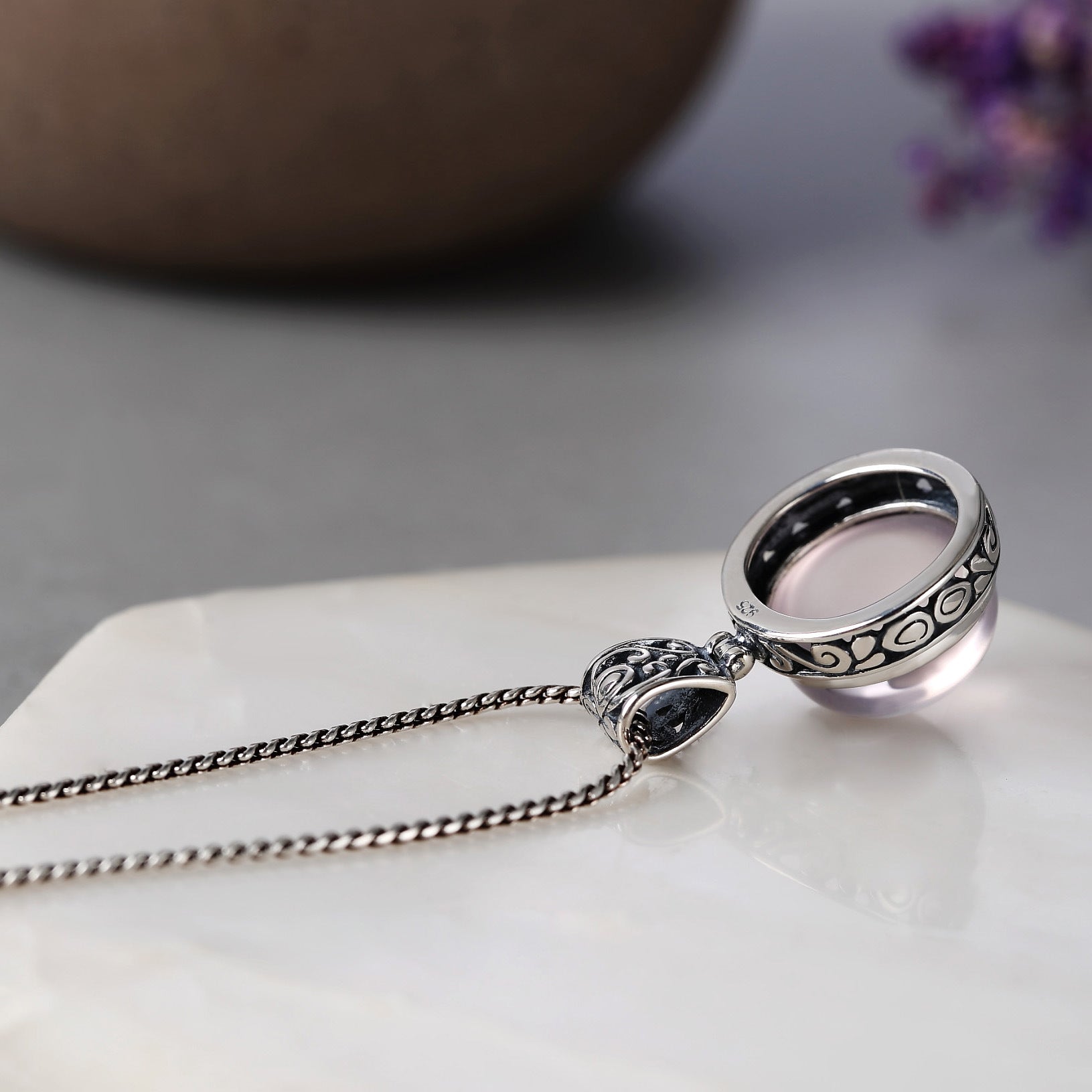 Collier en argent S925 et quartz Ross naturel pour femme