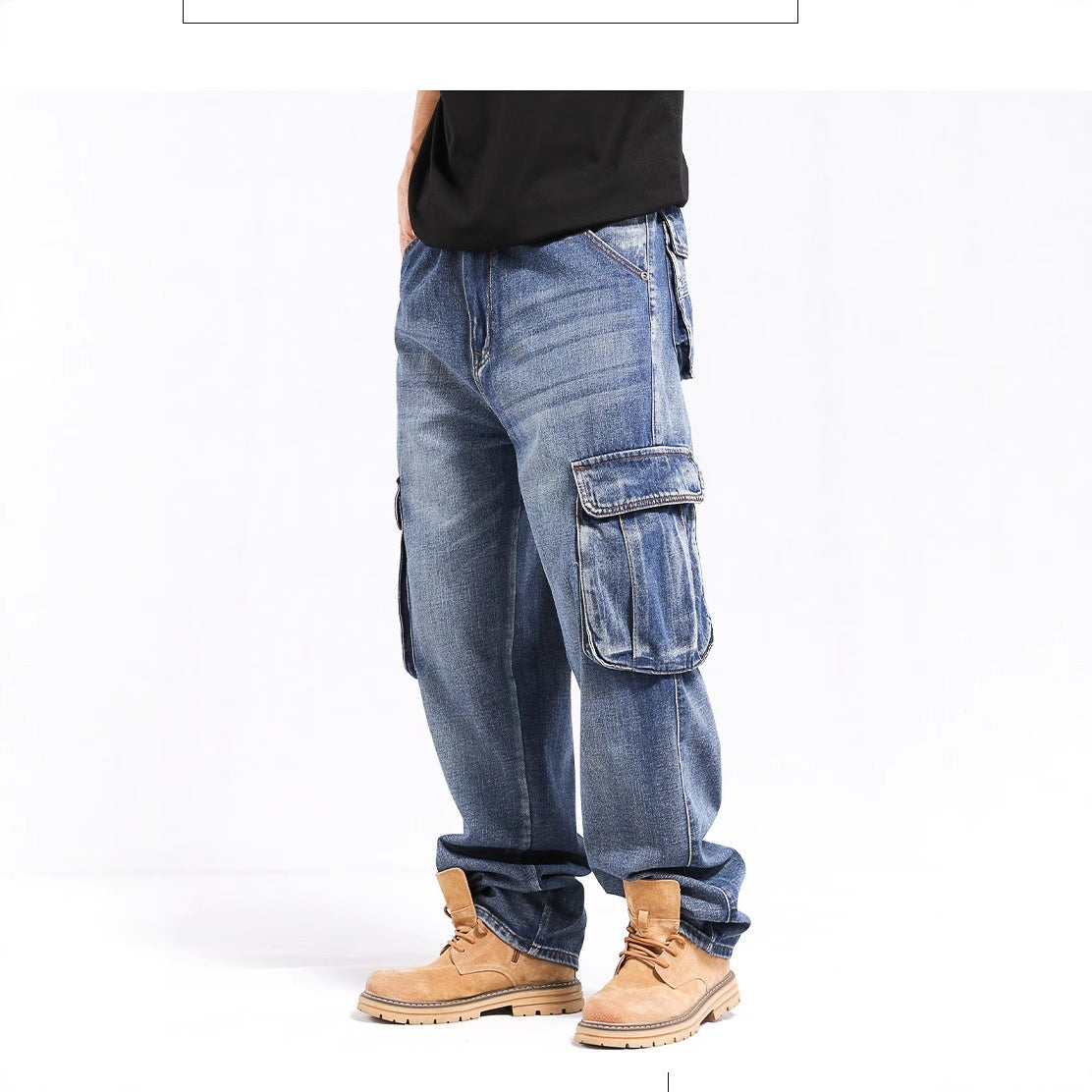 Jean grande taille élégant à jambes larges et poches multiples
