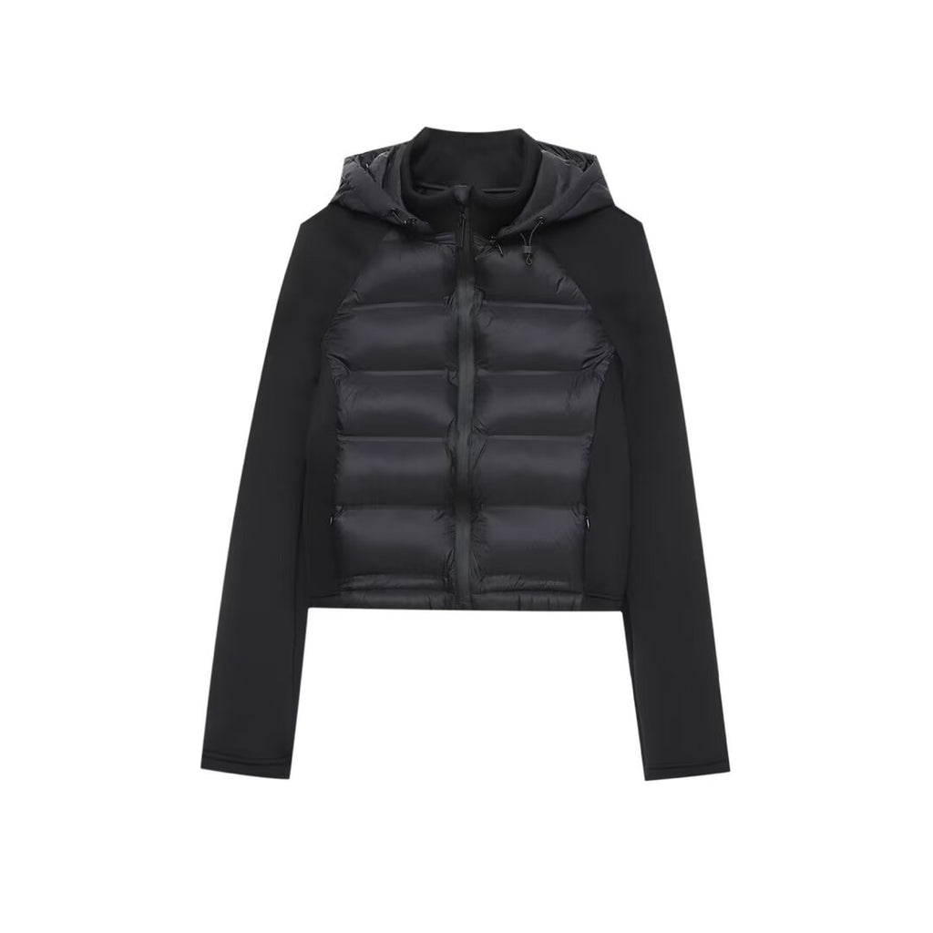 Veste thermique noire patchwork à manches longues et capuche rembourrée en coton