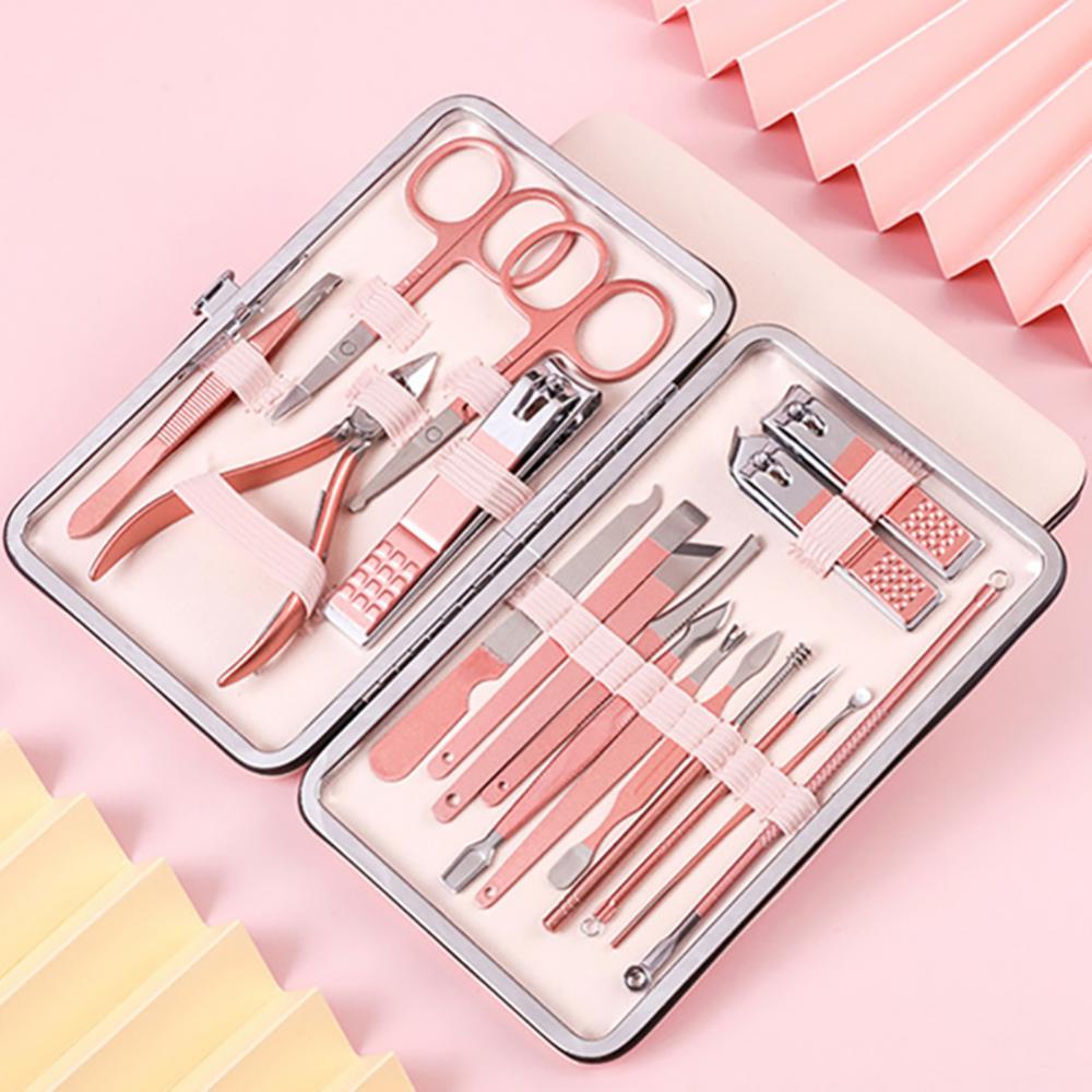 Ensemble professionnel comprenant ciseaux, coupe-ongles, cuillère à ongles, pince à peaux mortes, pince à ongles, couteau de pédicure et coupe-ongles.
