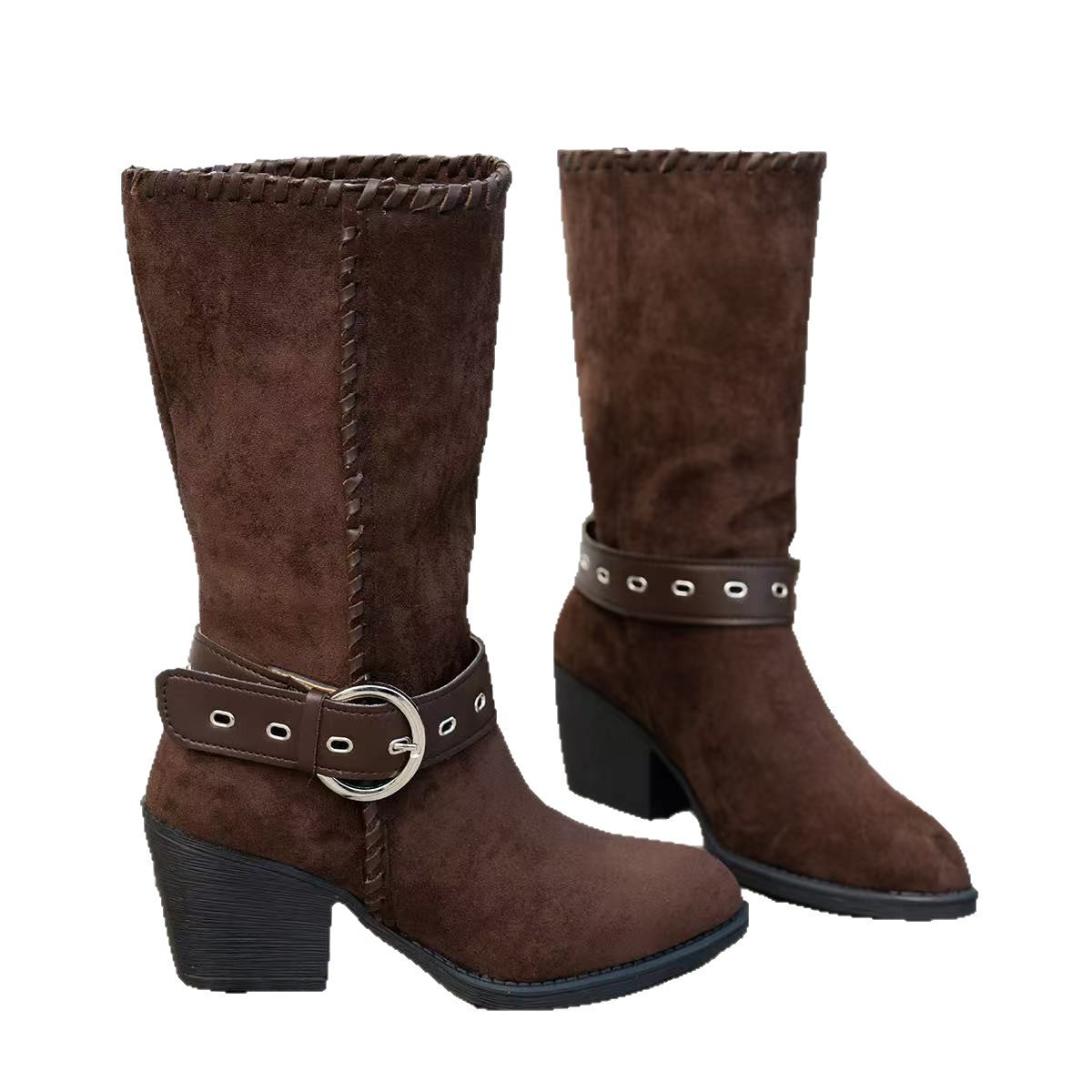 Bottes mi- mollet à bout pointu avec boucle de ceinture