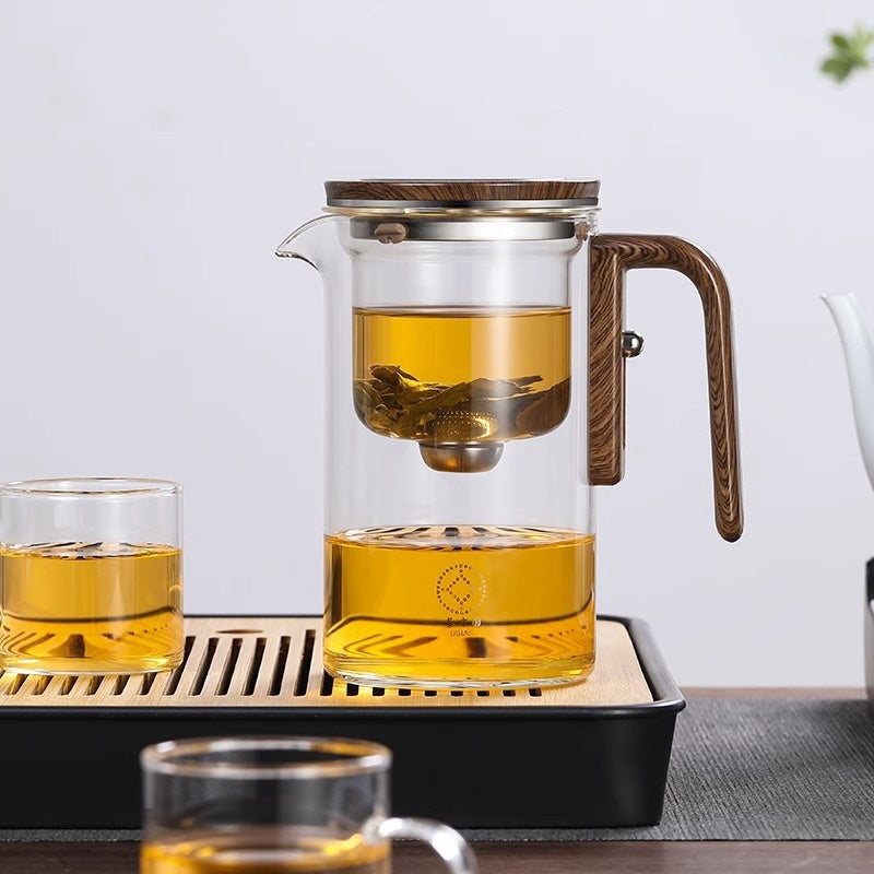 Théière magnétique à filtration par séparation en un clic, théière en verre avec manche en bois, récipient intérieur pour séparer l'eau du thé.