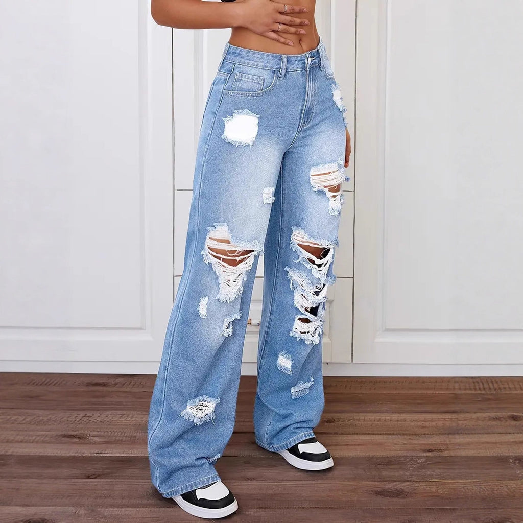 Jeans droits délavés et déchirés tendance pour femmes