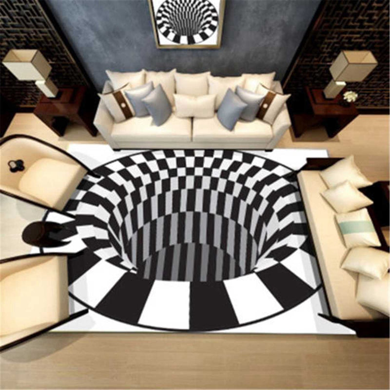 Tapis 3D Vortex à grille noire et blanche, effet trou sans fond, antidérapant, pour salon et chambre, décoration intérieure tendance.