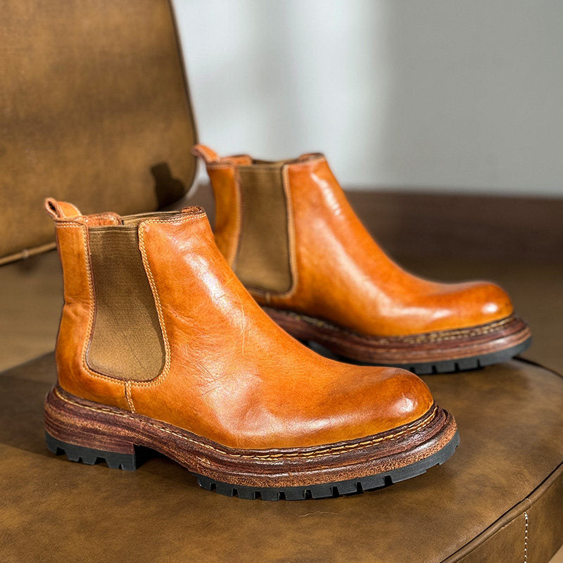 Bottes en cuir vintage pour hommes, à semelle épaisse et rehaussantes