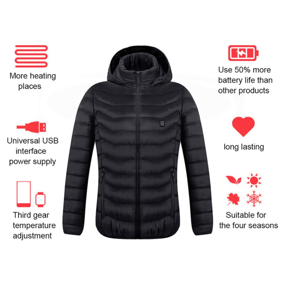 Veste chauffante d'hiver, manteau en coton électrique USB, fermeture éclair, vêtement thermique chauffant, gilet chauffant pour homme