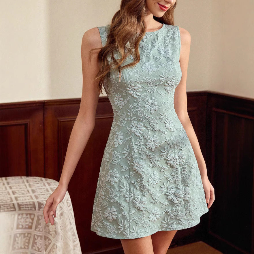 Robe d'été sans manches à imprimé floral jacquard, style minimaliste français