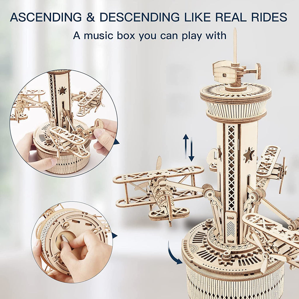 Robotime Rokr Puzzles 3D en bois pour adultes - Kit de construction de boîte à musique à monter soi-même - Avion - Tour de contrôle