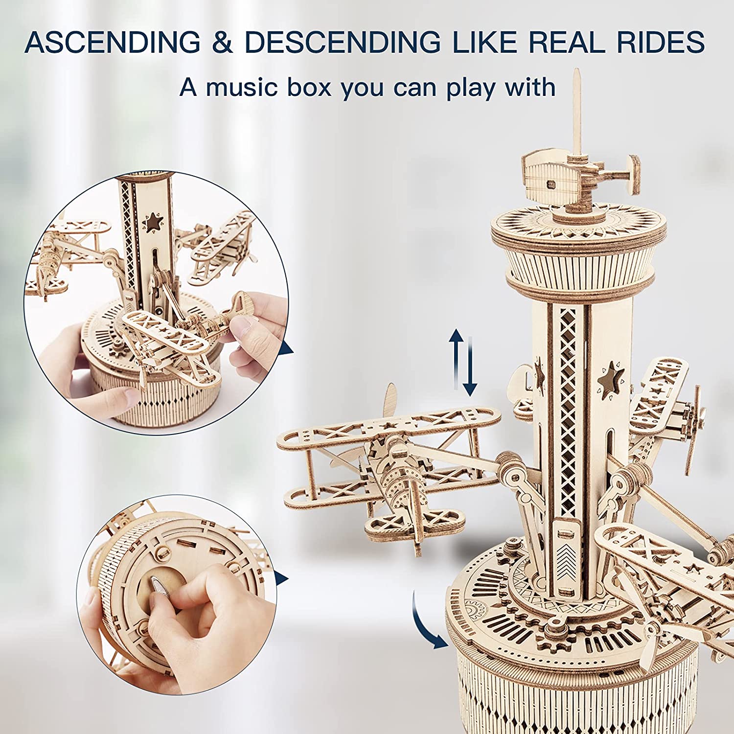 Robotime Rokr Puzzles 3D en bois pour adultes - Kit de construction de boîte à musique à monter soi-même - Avion - Tour de contrôle