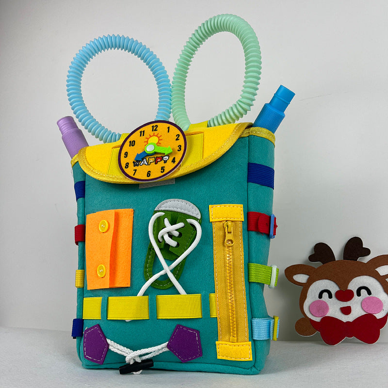 Sac à dos tableau d'activités pour tout-petits avec boucles et jouets d'éveil pour développer les compétences de base de la vie quotidienne
