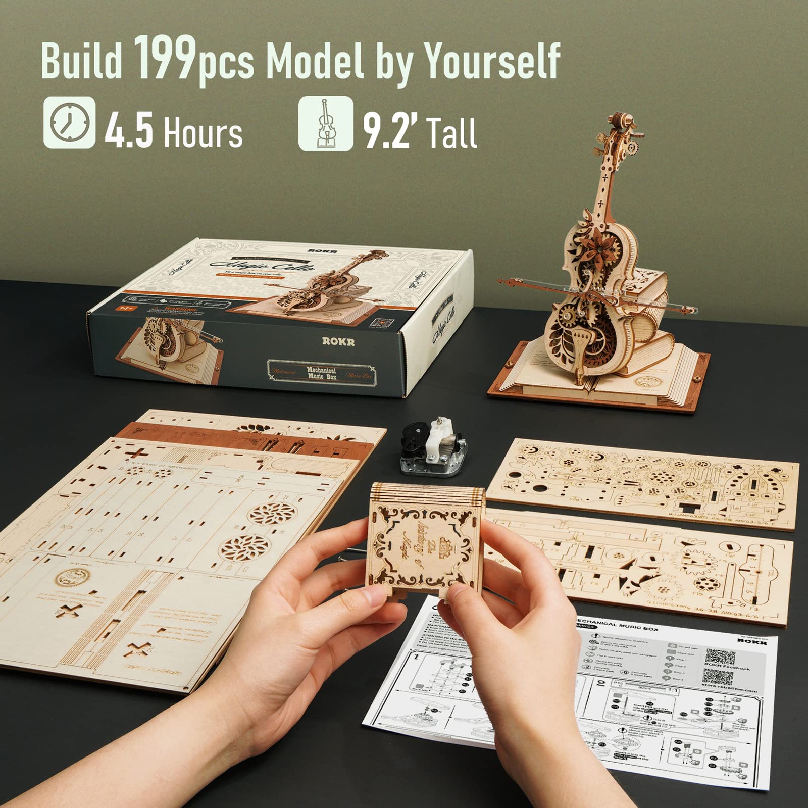 Robotime ROKR Boîte à musique mécanique en forme de violoncelle magique, tige mobile, jouet amusant et créatif pour enfants, puzzle 3D en bois AMK63