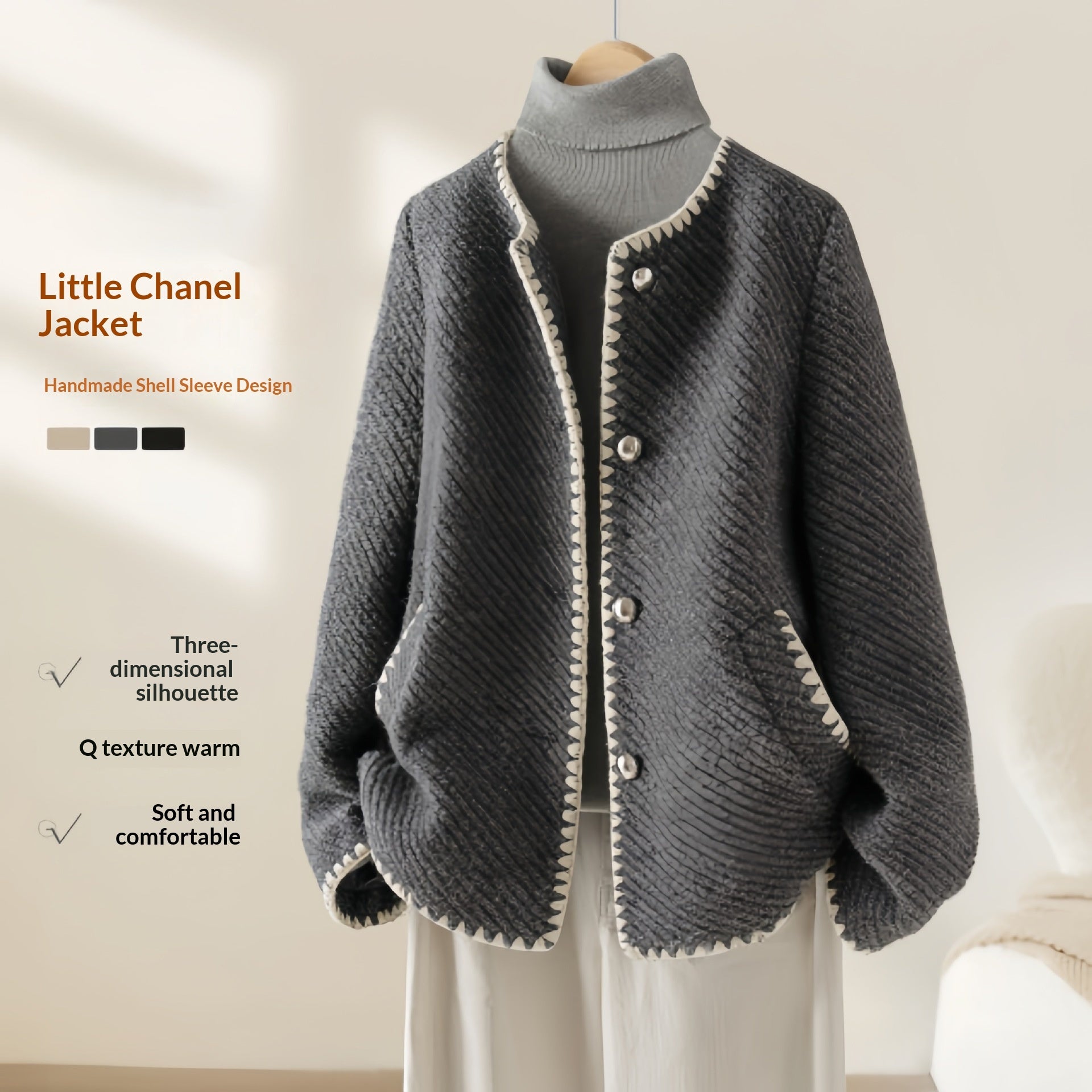 Manteau minimaliste luxueux en laine à manches coquille pour femme