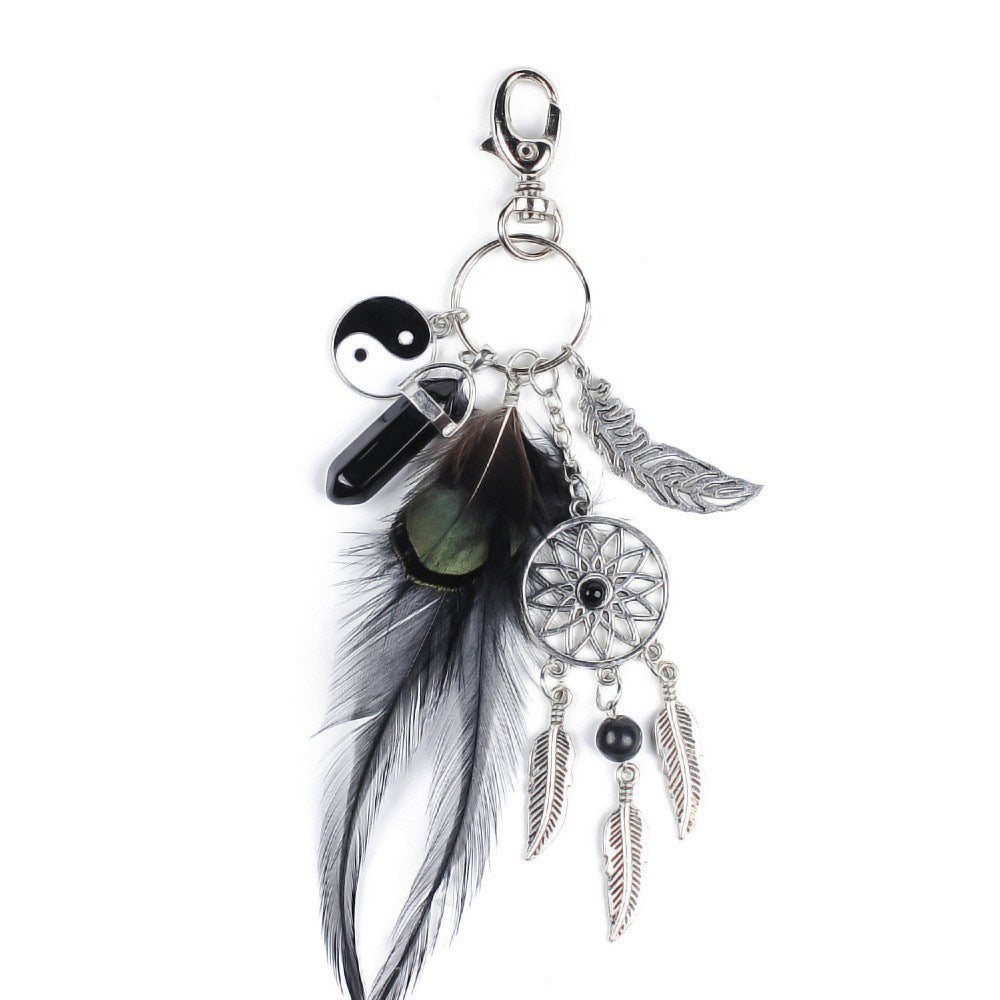 Pendentif porte-clés de voiture bohème attrape-rêves en plume et opale, alliage et métal.