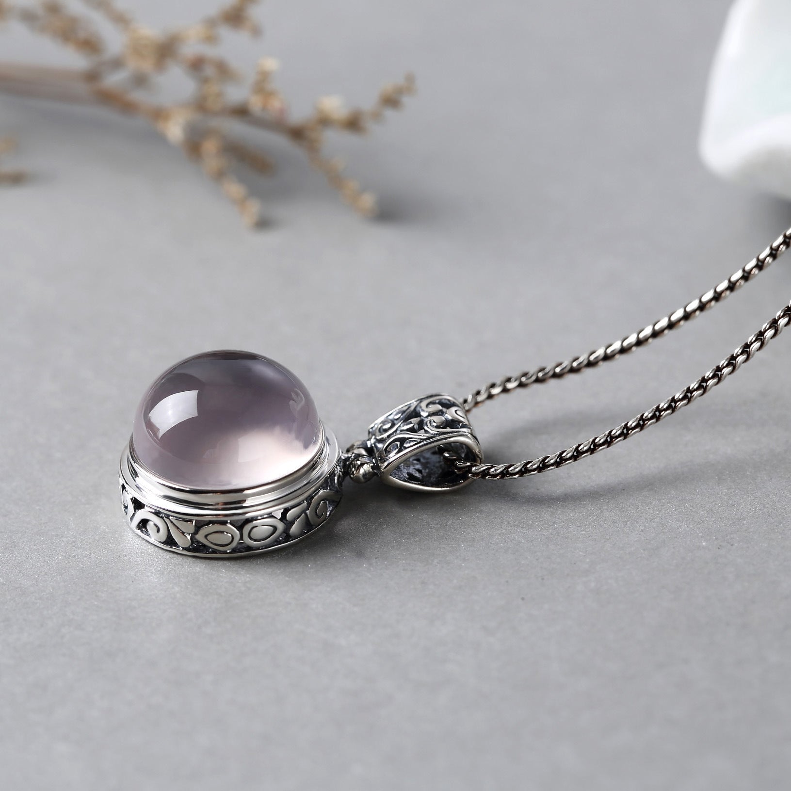Collier en argent S925 et quartz Ross naturel pour femme