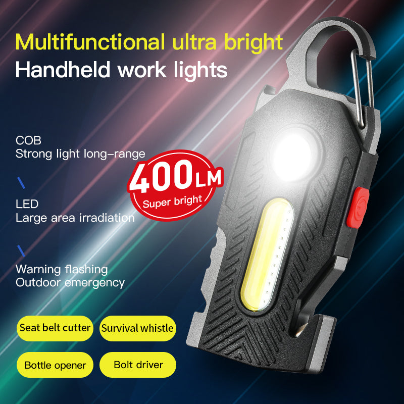Lampe de secours multifonctionnelle rechargeable, porte-clés pratique, lampe de travail, lampe LED haute luminosité COB pour la maintenance, éclairage de camping en extérieur.