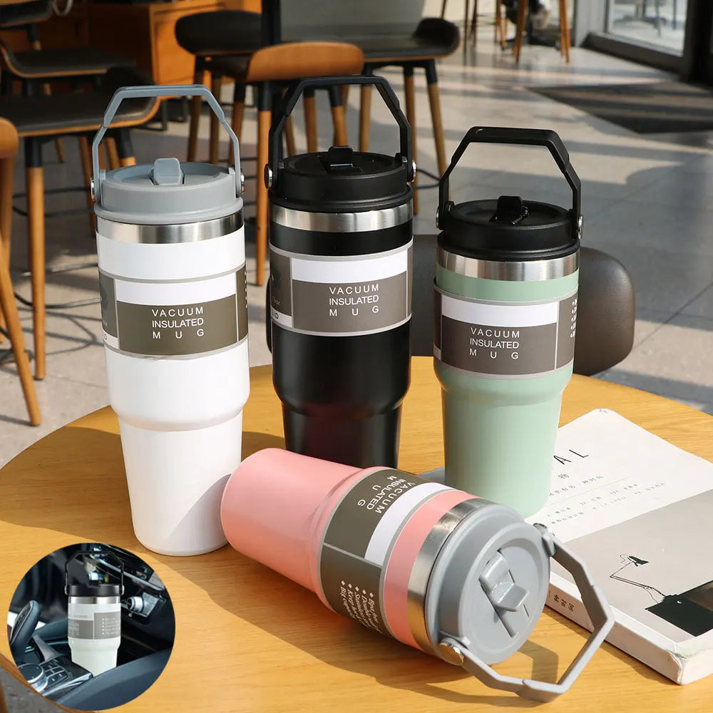 Gobelet de voiture portable en acier inoxydable, gourde de sport et de voyage avec poignée et couvercle, tasse à café