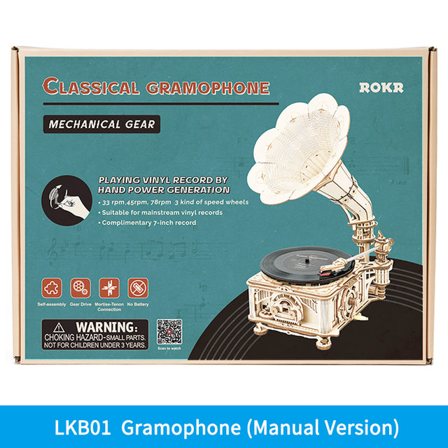 Robotime ROKR Kit de construction de gramophone classique à manivelle en bois, puzzle, jouet à assembler, cadeau pour enfants LKB01