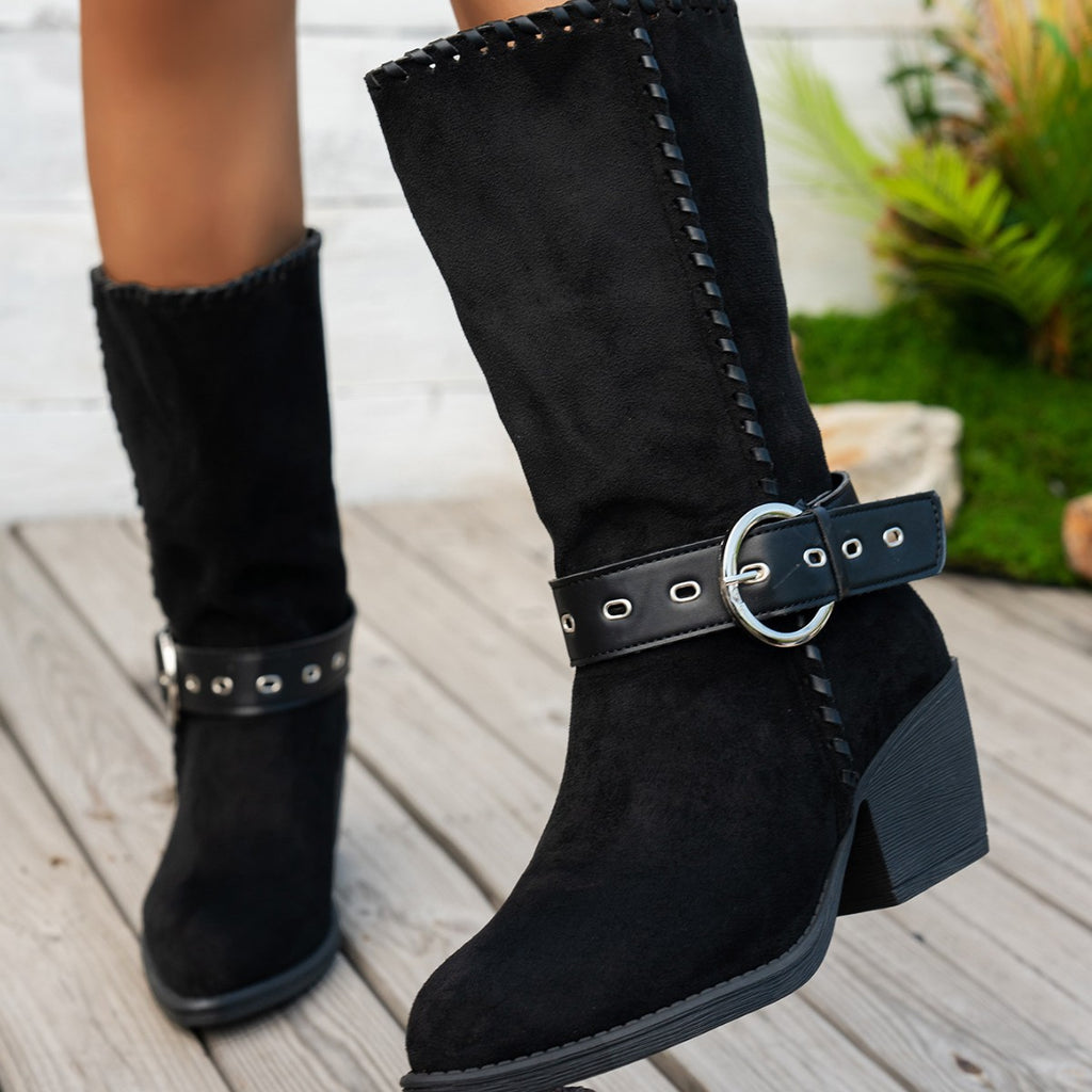 Bottes mi- mollet à bout pointu avec boucle de ceinture