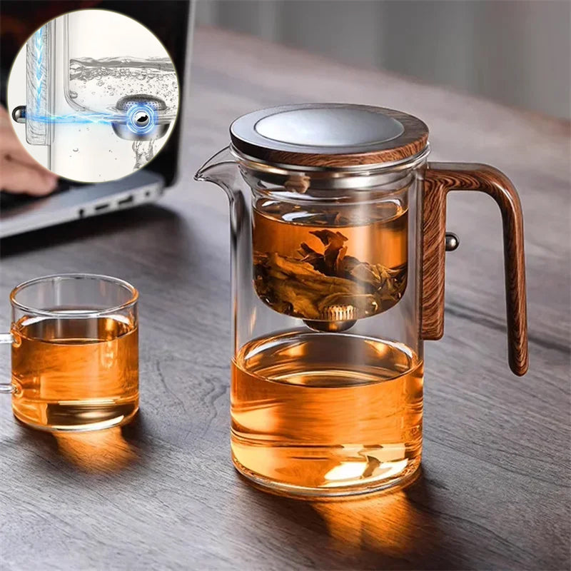 Théière magnétique à filtration par séparation en un clic, théière en verre avec manche en bois, récipient intérieur pour séparer l'eau du thé.