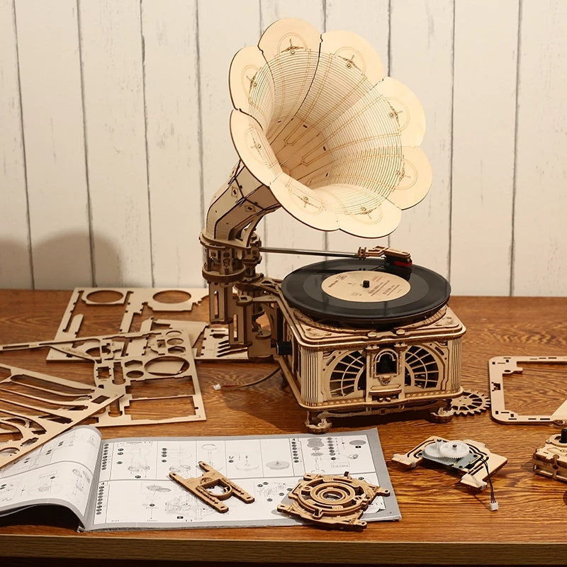 Robotime ROKR Kit de construction de gramophone classique à manivelle en bois, puzzle, jouet à assembler, cadeau pour enfants LKB01