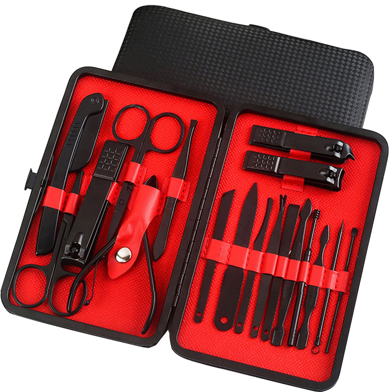 Ensemble professionnel comprenant ciseaux, coupe-ongles, cuillère à ongles, pince à peaux mortes, pince à ongles, couteau de pédicure et coupe-ongles.