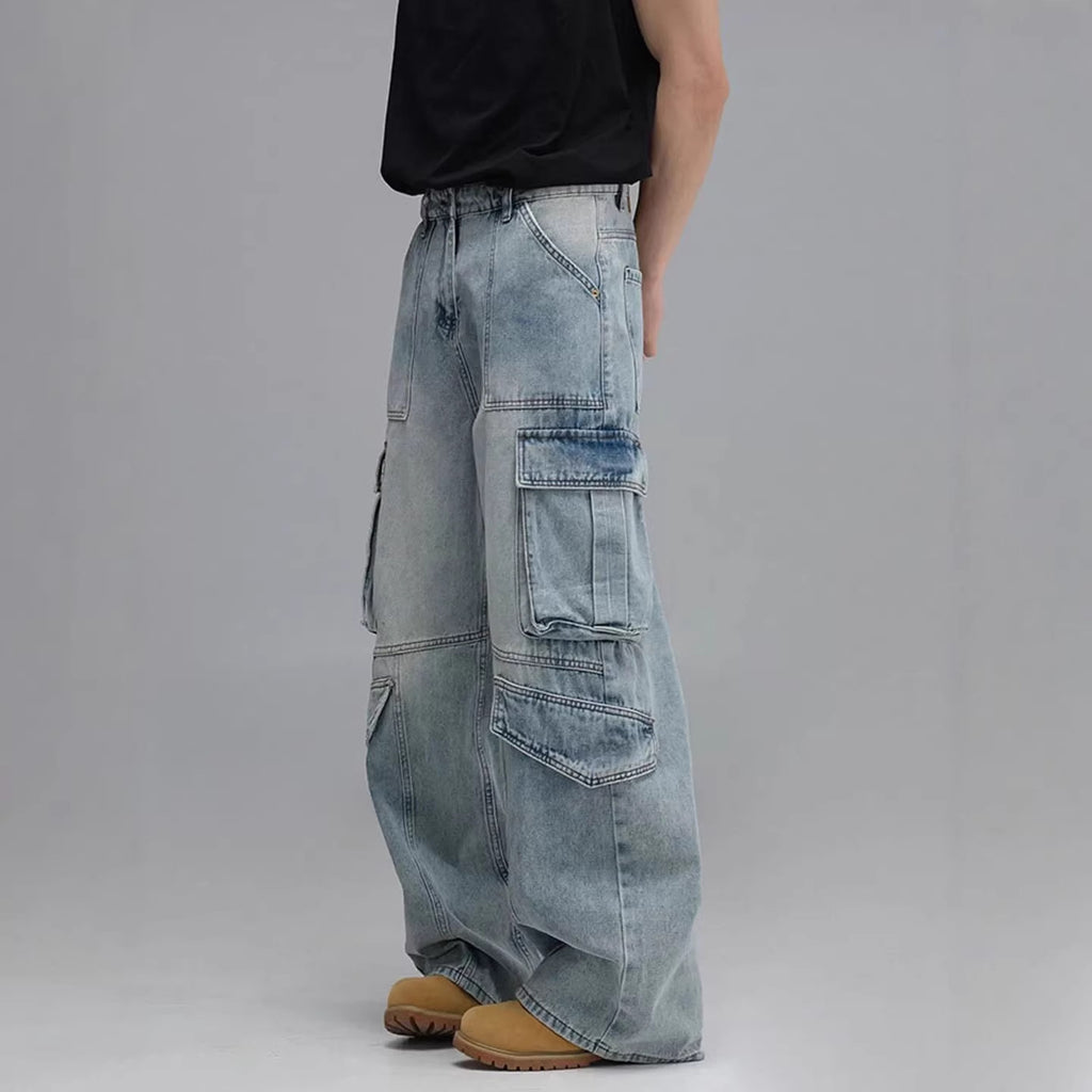 Jean de travail délavé multipoches pour homme, pantalon décontracté à jambes larges