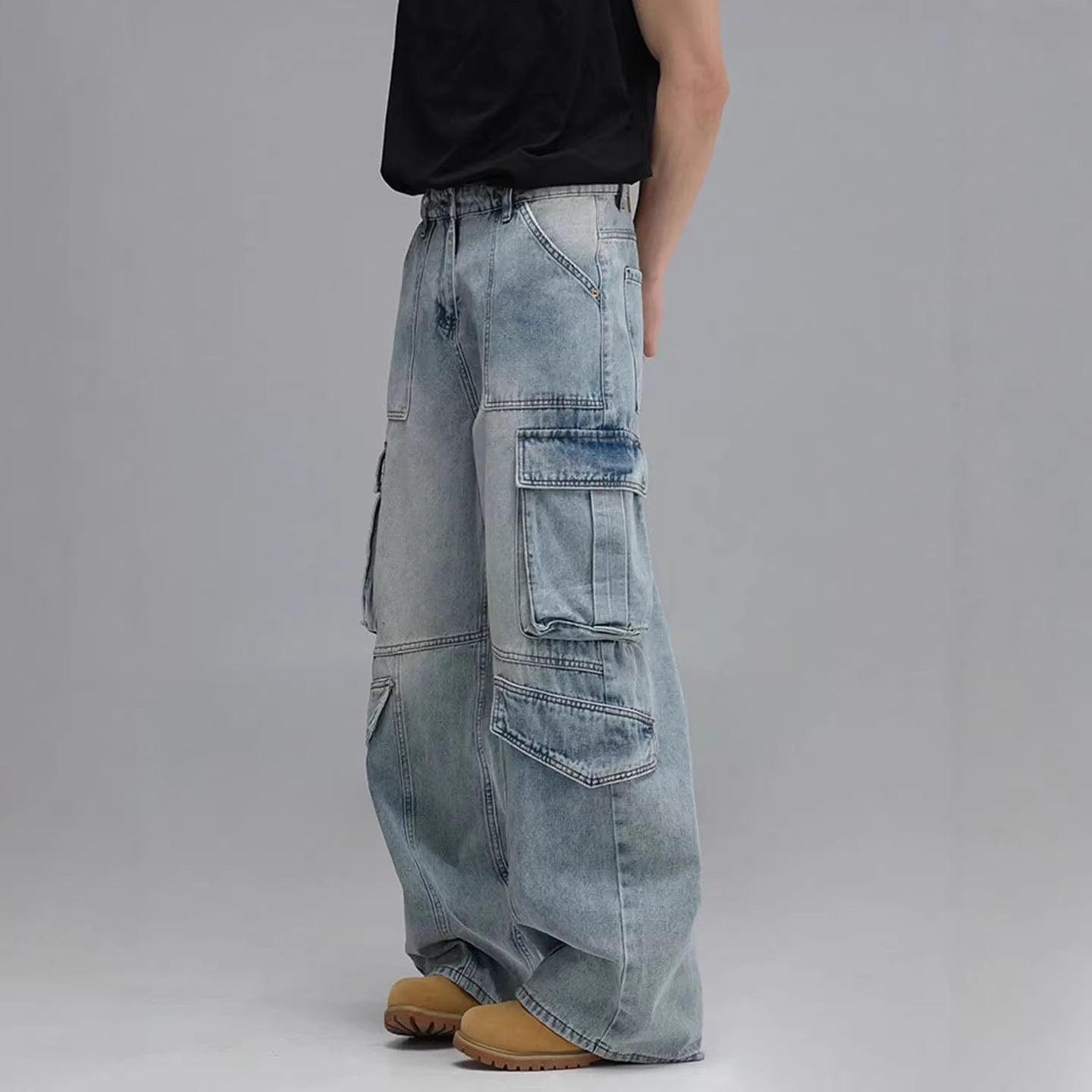 Jean de travail délavé multipoches pour homme, pantalon décontracté à jambes larges