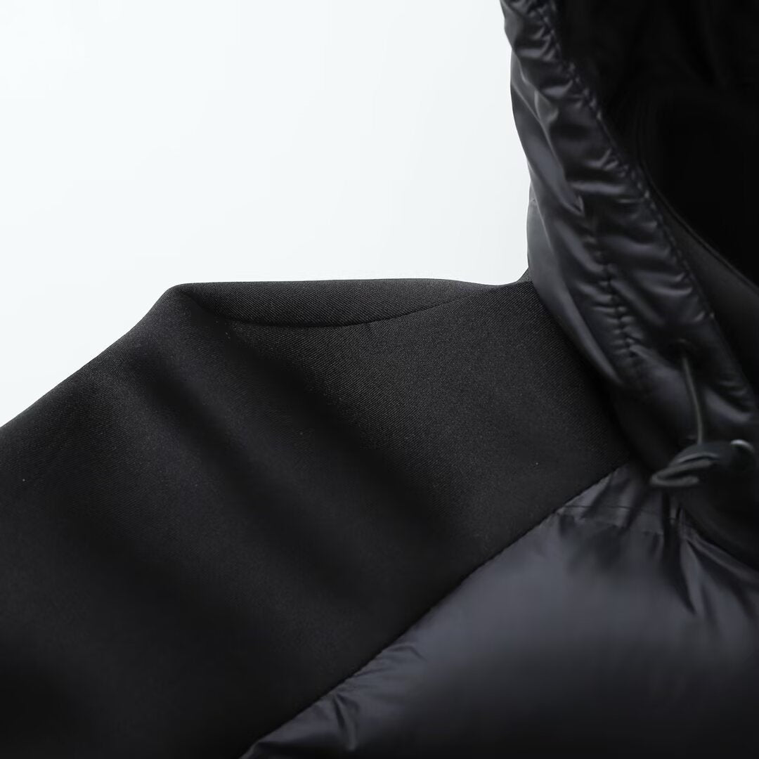 Veste thermique noire patchwork à manches longues et capuche rembourrée en coton