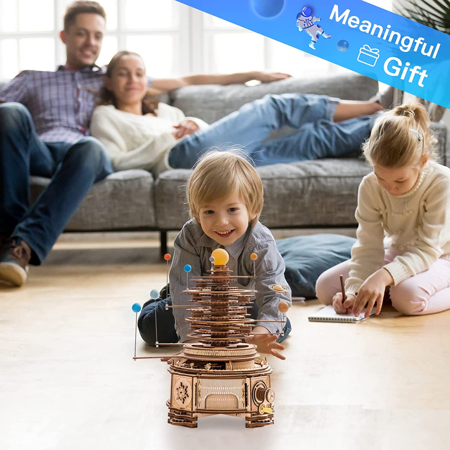 Robotime ROKR 316PCS Planétarium mécanique rotatif 3D en bois, jeu de puzzle, kit de construction de modèle, jouet, cadeau pour enfants et garçons