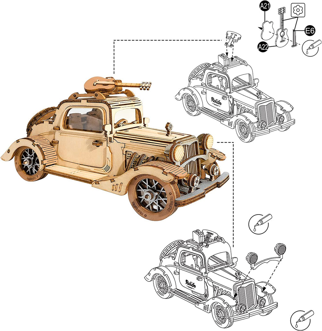 Robotime Rolife Modèle de voiture vintage Puzzle 3D en bois, jouet pour enfants