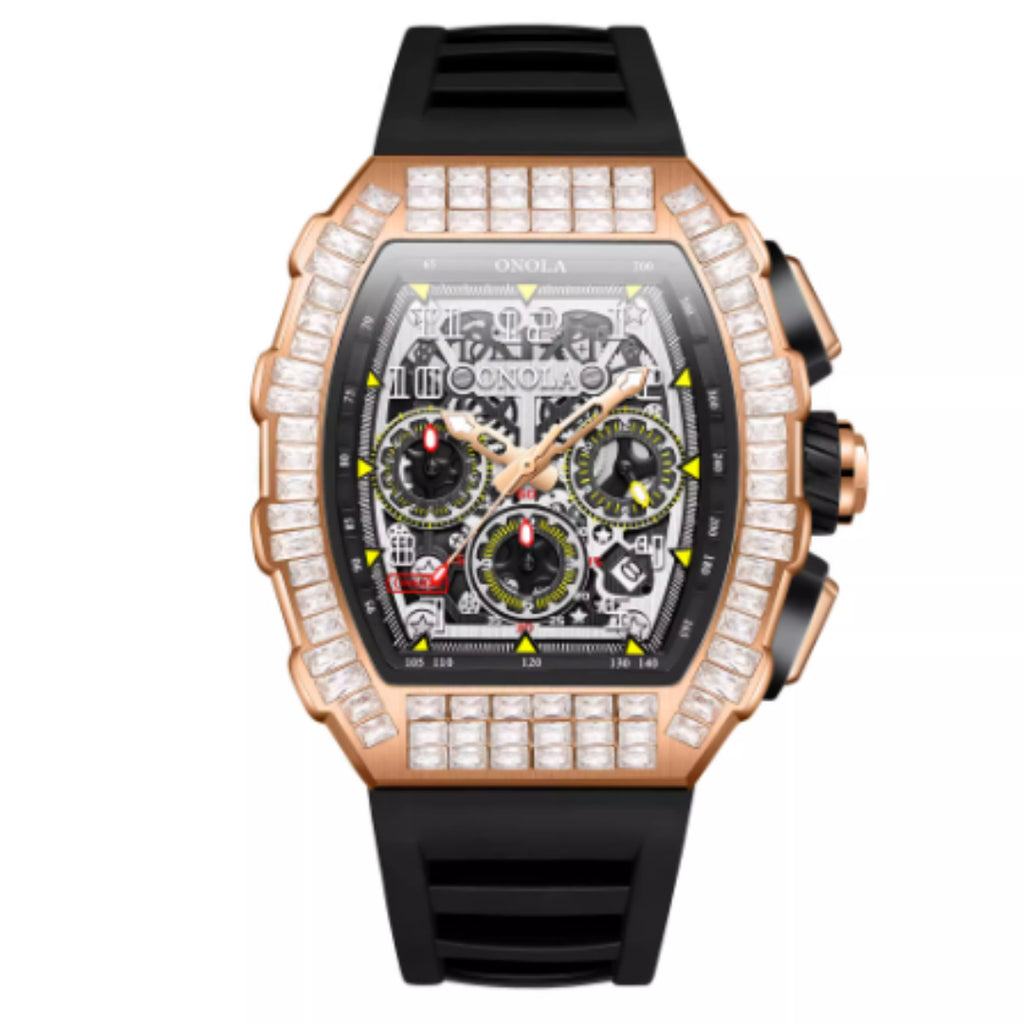 Montre de luxe carrée pour homme avec diamants et motif étoile
