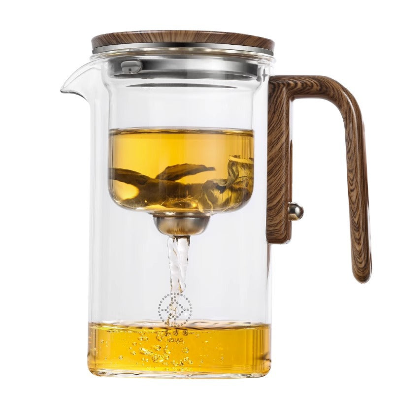 Théière magnétique à filtration par séparation en un clic, théière en verre avec manche en bois, récipient intérieur pour séparer l'eau du thé.