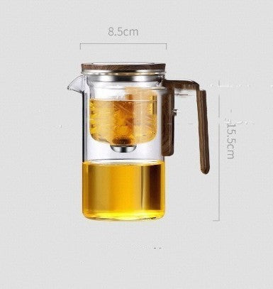 Théière magnétique à filtration par séparation en un clic, théière en verre avec manche en bois, récipient intérieur pour séparer l'eau du thé.
