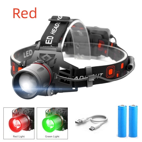 Lampe frontal, Phare zoom T6 à lumière blanche, verte et rouge