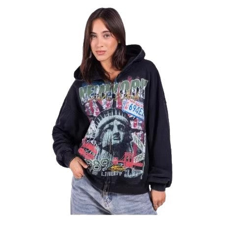 Sweat à capuche zippé imprimé vintage délavé style streetwear