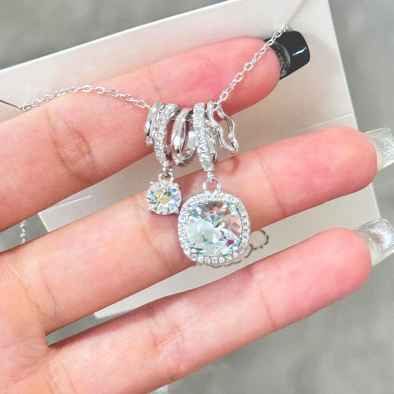 Collier en argent pur S925 avec zircon carré bleu océan limpide