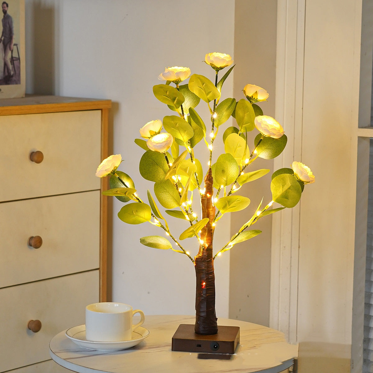 Lampe de table LED en forme d'arbre à feuilles vertes, décoration pour chambre à coucher