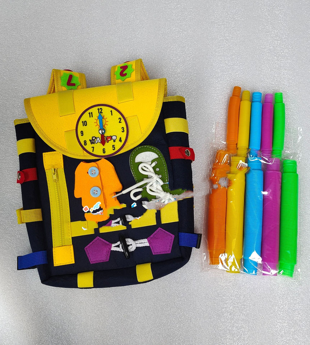 Sac à dos tableau d'activités pour tout-petits avec boucles et jouets d'éveil pour développer les compétences de base de la vie quotidienne