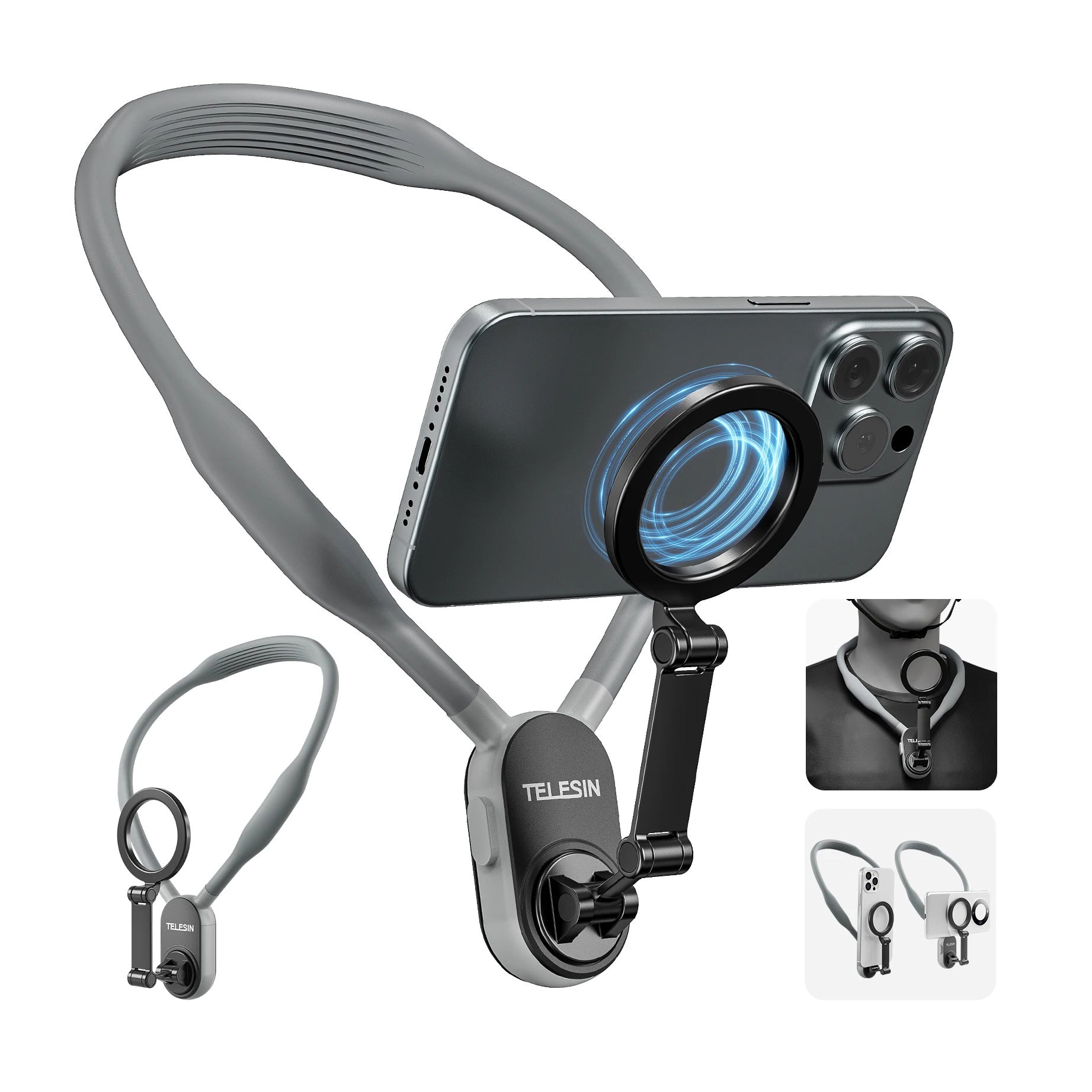 Support magnétique de téléphone en silicone pour tour de cou, fixation rapide, compatible MagSafe, ventouse magnétique.