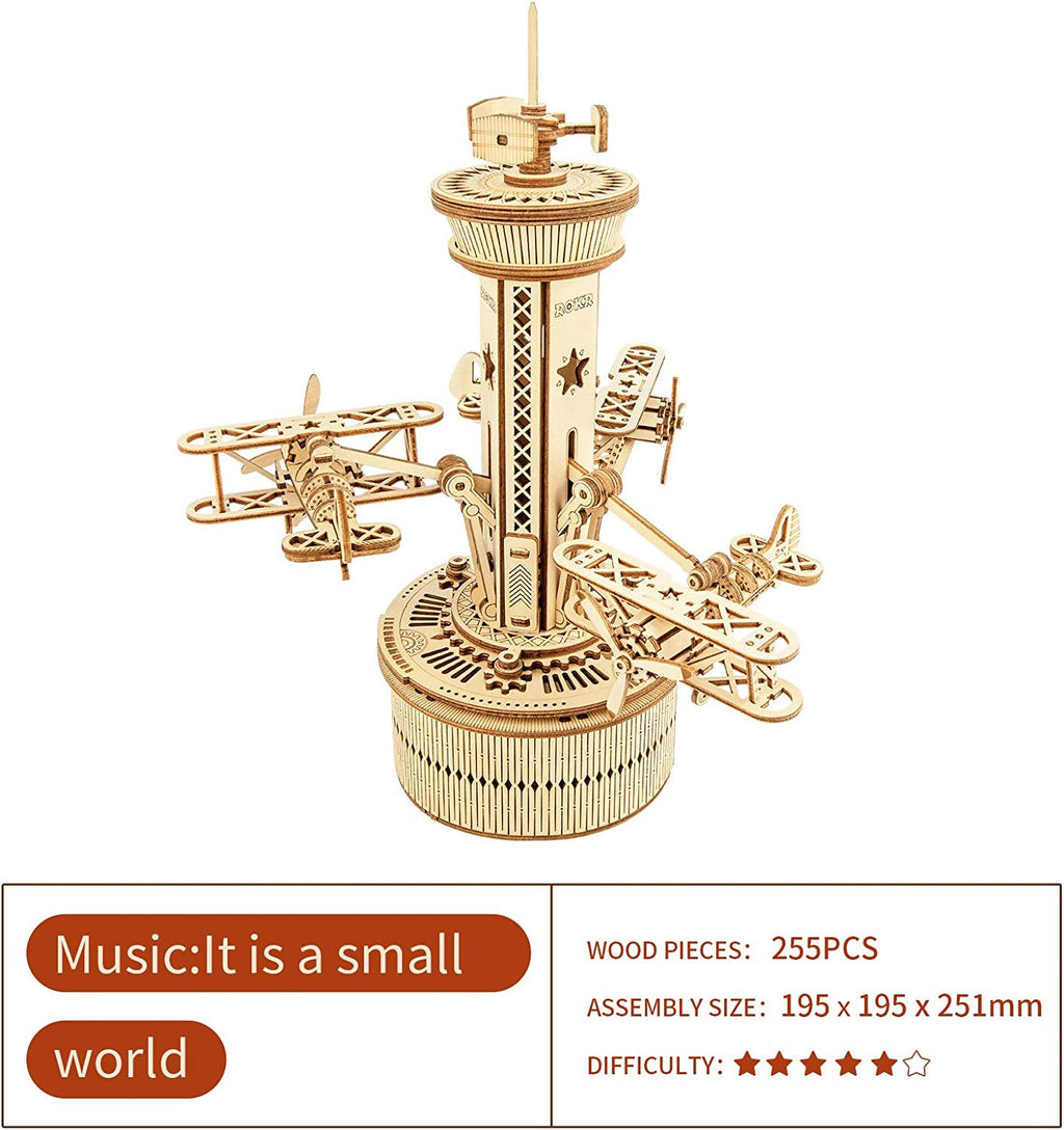 Robotime Rokr Puzzles 3D en bois pour adultes - Kit de construction de boîte à musique à monter soi-même - Avion - Tour de contrôle