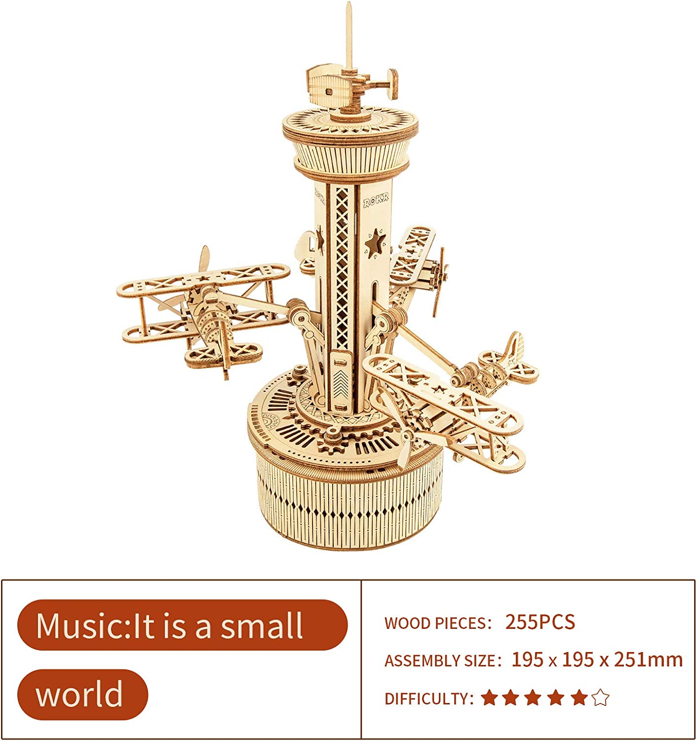 Robotime Rokr Puzzles 3D en bois pour adultes - Kit de construction de boîte à musique à monter soi-même - Avion - Tour de contrôle