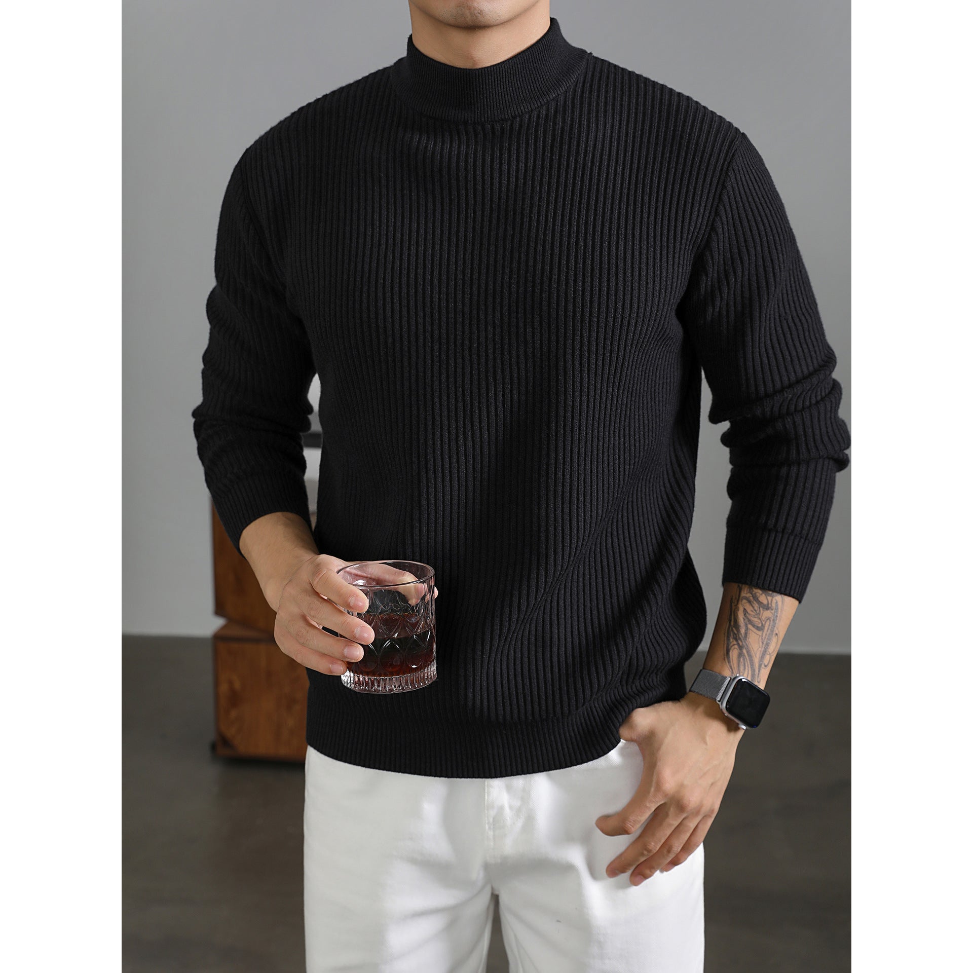 Pull mi-col roulé chaud pour homme, style coréen, à rayures verticales, idéal pour la superposition
