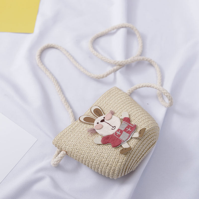Sac à main décoré d'un adorable lapin, chapeau de paille deux pièces