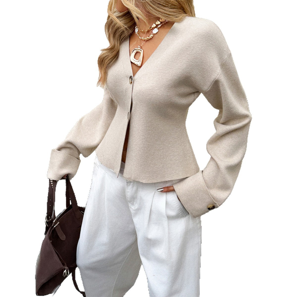 Veste courte décontractée à col en V pour femme, couleur unie