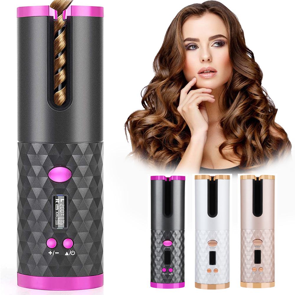 Fer à boucler automatique rechargeable pour femmes, portable, avec écran LCD et surface rotative en céramique pour créer des boucles ondulées.