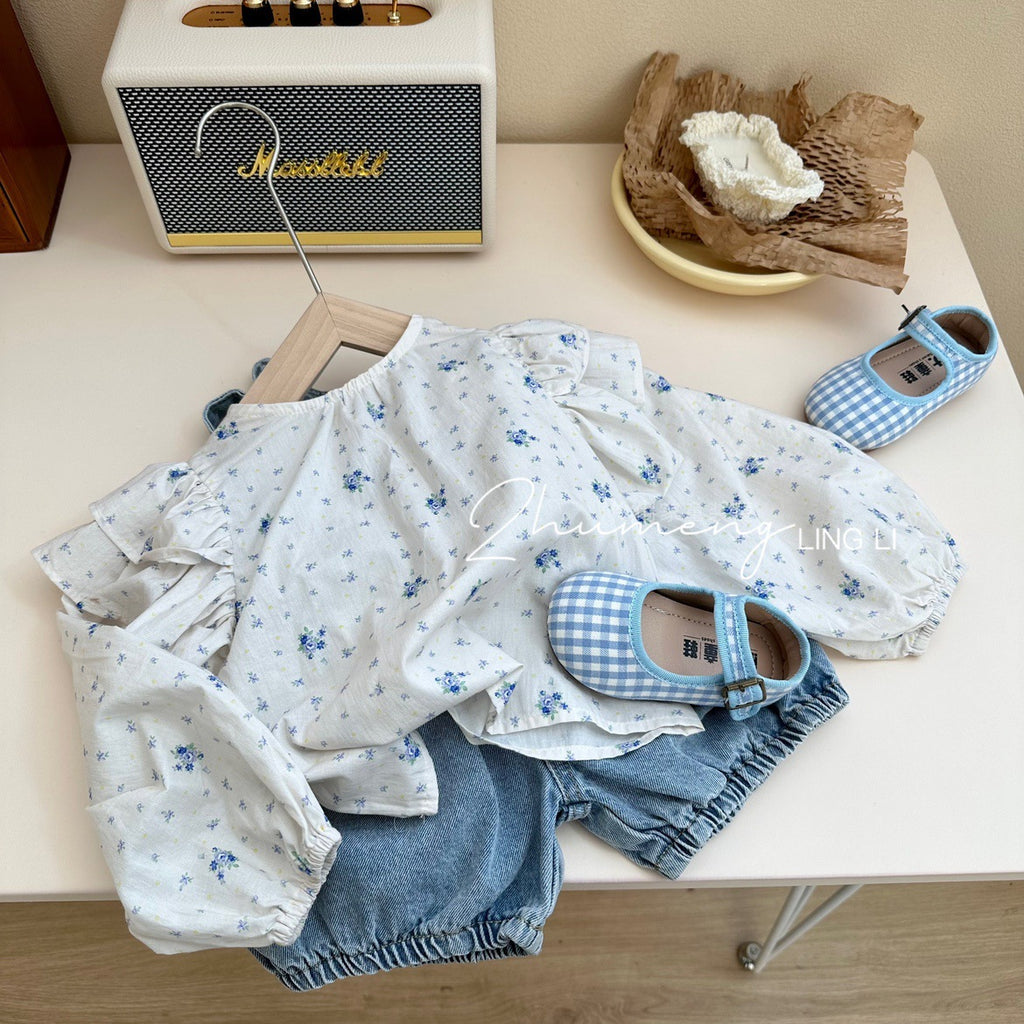 Ensemble fille - Short jean à bretelles et chemise fleurie
