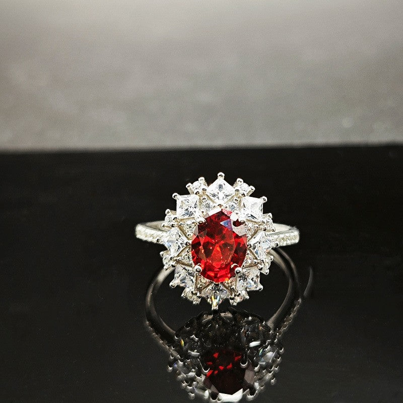 Bague en argent S925 avec ouverture ajustable ornée d'un zircon rouge sang de pigeon de haute qualité