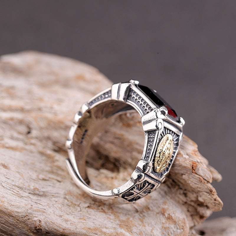 Bague pour homme en argent S925 incrustée d'onyx noir, représentant la Vierge Marie.