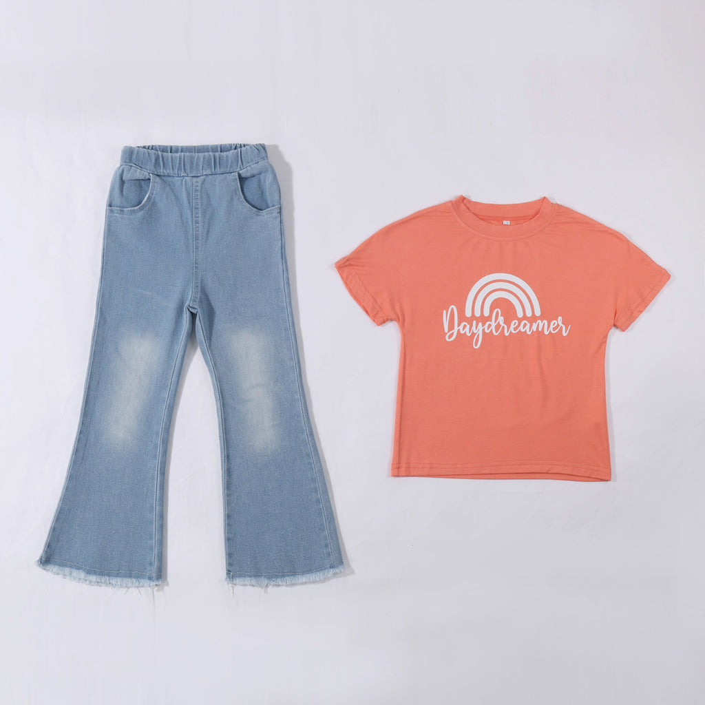Ensemble fille - T-shirt arc-en-ciel et jean délavé